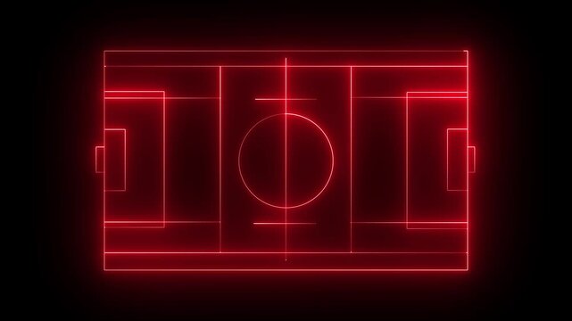 Multi-Use Playfield aerial, neon red color light Aerial view of a multi-use playfield with soccer and lacrosse. batting cages skateboard park and softball fields with lights. black background 4k video
