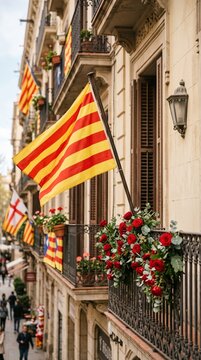 Colorful Catalan flag and red roses drape a Barcelona balcony, celebrating Sant Jordi with romance, tradition and springtime festivity. George's Day.Independence Day of England 