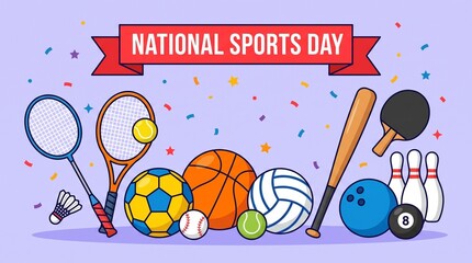 National Sports Day Celebration Vector Banner with Sports Equipment, Equipment Icons, and Confetti Background