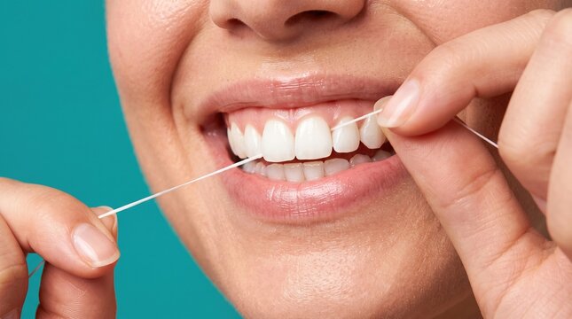 Close up of woman flossing her white teeth for dental hygiene with self care oral care dentistry whitening wellness