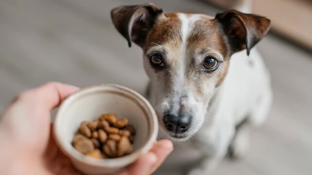 Curious Jack Russell Terrier dog eagerly looks at a bowl of dry food held by a person, anticipating a tasty treat. The scene captures a moment of pet care and bonding indoors
