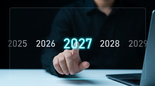 Businessman touching screen with glowing numbers showing future years concept for planning investment goals and business strategy foresight.