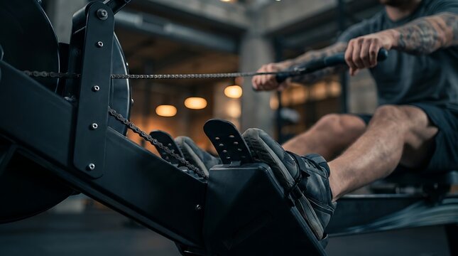 Man rowing on exercise machine in gym with focus on legs and feet demonstrating physical fitness and athletic training for a strong body and healthy lifestyle.