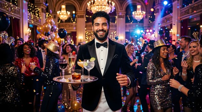 Smiling waiter serving cocktails at a luxury gala party in a ballroom