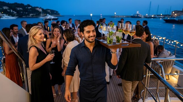 Smiling waiter serving cocktails to guests on a yacht deck at sunset