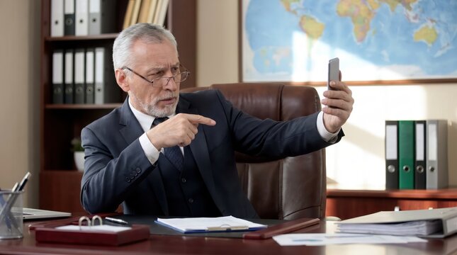 Generative AI, Angry senior businessman scolding someone during a video call in his executive office