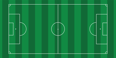 Top view of a green soccer field or football pitch with white line markings and striped grass texture. © Aini Design