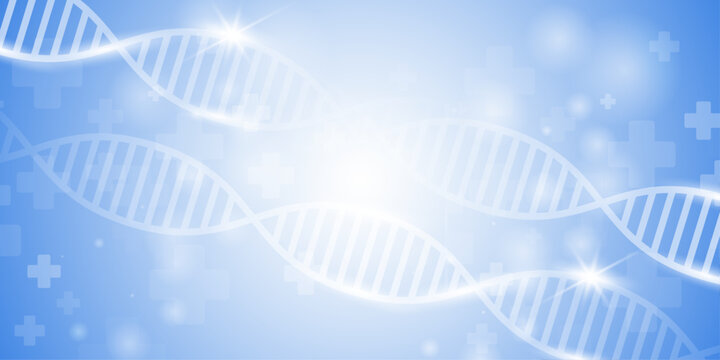 Medical background with multiple dna helix structures and blur cross symbols, global healthcare and science concept.