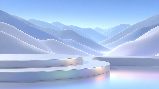 A 3D rendered scene with two-tiered circular iridescent product platform, set against soft rolling pale blue misty mountains under a clear light blue sky.

