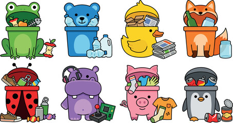 Cute animal shaped recycling bins set with frog bear duck fox ladybug hippo pig penguin characters sorting different waste types © MdShakib