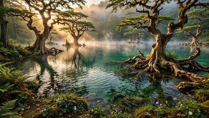Obraz premium Mystical Forest Lake: Ancient cypress trees with gnarled roots rise from a serene, misty lake, their reflections shimmering in the turquoise water under the ethereal morning light.