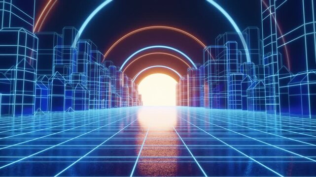 3D Futuristic Glowing Neon Portal SciFi Corridor Seamless Loop