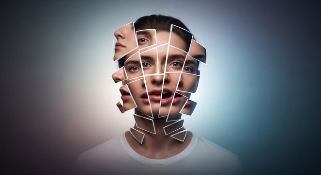 Fragmented faces of a woman with multiple expressions