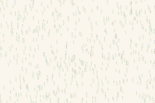 Minimalist pattern consists of tiny green marks scattered across a clean off-white background to evoke a sense of organic growth and natural order.