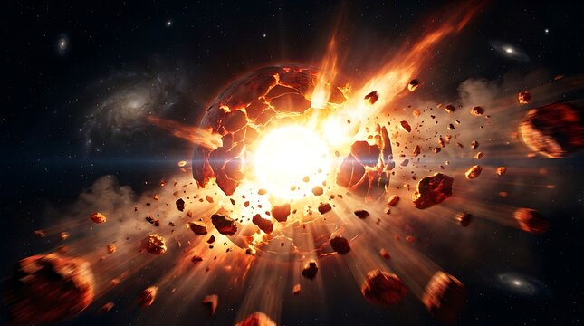 Cosmic explosion of planet earth in space, destroying asteroids and stars in fiery destruction and bright light, representing apocalypse and end of universe.