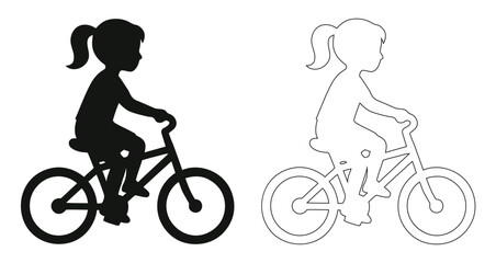 Fototapeta premium Little Girl Riding Bicycle Silhouette and Outline Vector Graphic, Happy Child Cycling Outdoor Illustration, Active Female Kid Bike Artwork