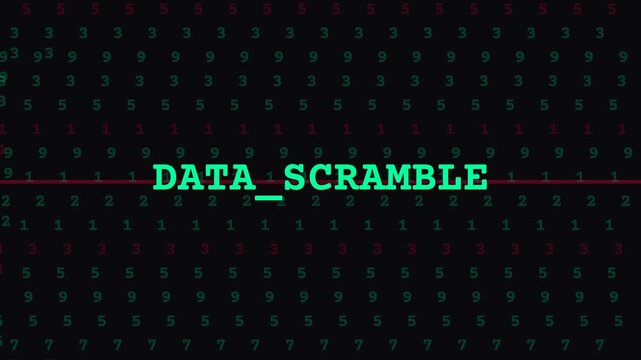 Dynamic data scramble animation, vibrant numerical code matrix, futuristic technology background, symbolizing information chaos and digital encryption