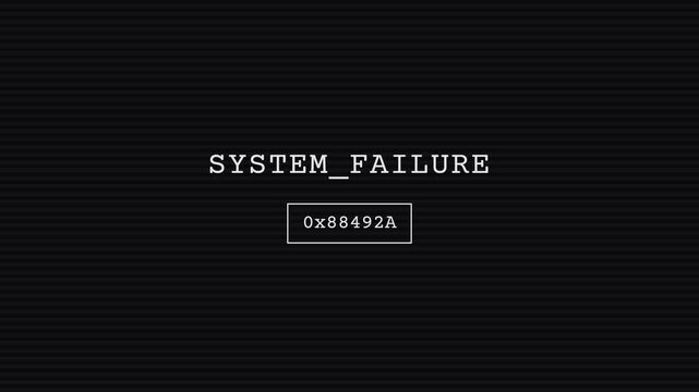 Dynamic glitch effect with "SYSTEM_FAILURE" text and hexadecimal code, on a dark background with horizontal lines, symbolizing technical issues, digital errors, and computer malfunctions