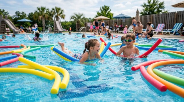 Happy cheerful children playing with colorful foam water noodles in a sunny public holiday swimming pool