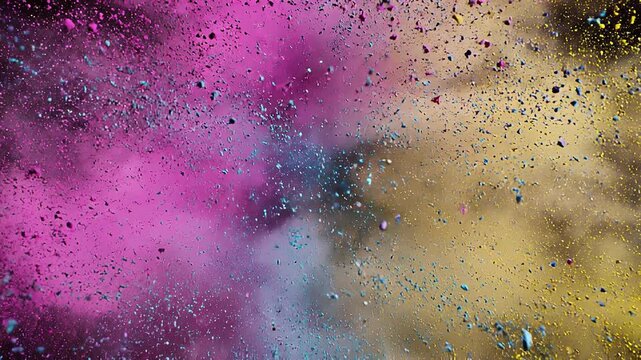 Abstract colorful powder sphere transforming into vibrant particle explosion on black background, futuristic slow motion pigment burst with dynamic energy for creative technology visuals.