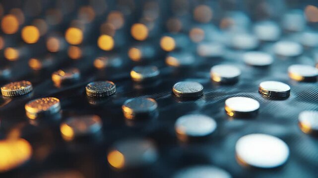 Numerous shiny coins are scattered in organized rows on a dark reflective surface, illuminated by soft golden light. The image evokes themes of finance, investment, and economic growth