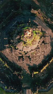 Bajra Sandhi or Monumen Taman Mumbul monument to the struggle for independence in the rays of the rising sun. Bali, Indonesia. 4K Aerial view