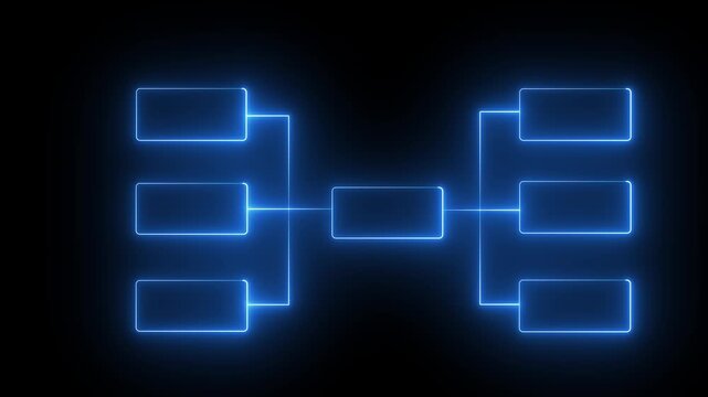 Blue Animation of neon glowing team Tournament bracket templates isolated on black background. Championship bracket schedule for soccer, football, basketball, baseball 4k 