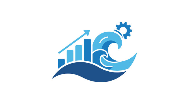 Blue ocean wave with bar chart and gear.