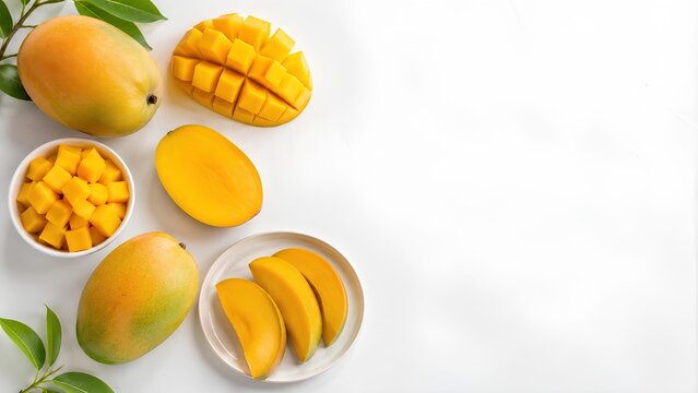 白バックに並ぶ様々なカットのマンゴー / Assorted sliced and cubed mangoes on white surface (Generative AI)