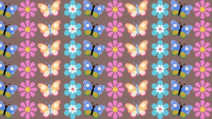 Seamless Pattern with Colorful Butterflies and Blooming Flowers on Brown Background for Fabric and Wallpaper Design © Senandung