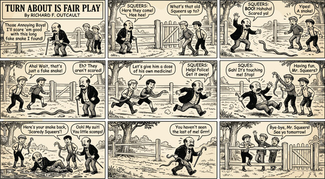 Vintage Retro Comic Strip Vector Illustration Storyboard Featuring Funny Cartoon Characters Prank Sequence Narrative and Speech Bubbles for Creative Graphic Layouts