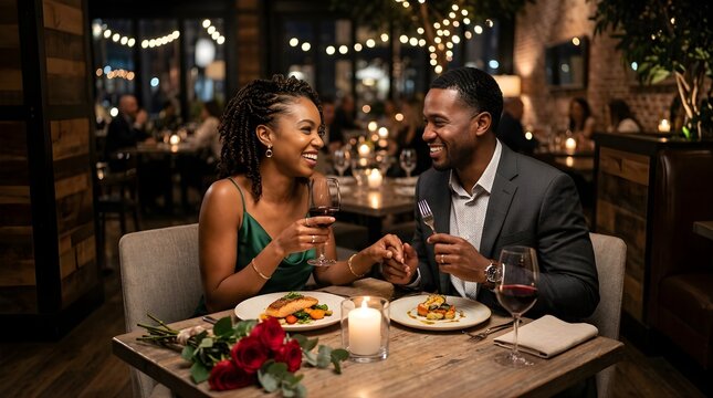 Happy couple having a romantic dinner date at a restaurant at night