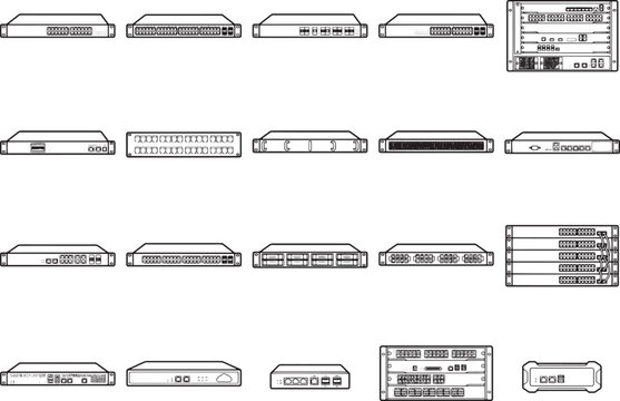 A collection of detailed line drawings showcasing various network switch models and their rear panel connections, presenting a comprehensive visual guide to network hardware.