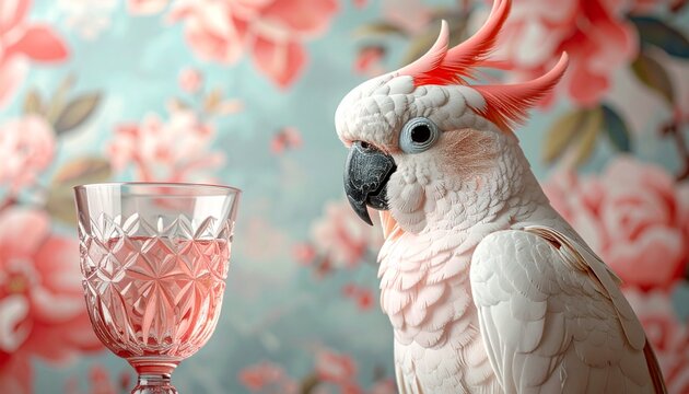 A delicate pink cockatoo bird perched beside a sparkling glass of ros&eacute; wine on a floral backdrop