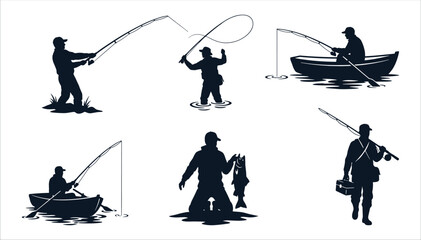 Fototapeta premium Fisherman and Fishing Silhouettes Vector Collection