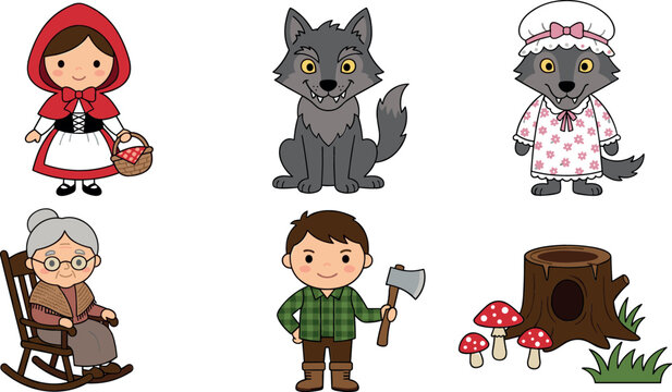 Little Red Riding Hood fairy tale cartoon characters vector set featuring girl big bad wolf grandmother woodcutter mushroom and tree stump isolated on white background.