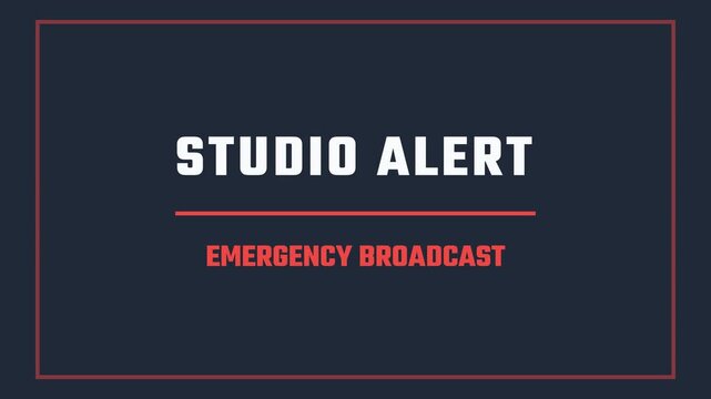 Dynamic studio alert screen with bold text 'STUDIO ALERT' and 'EMERGENCY BROADCAST' flashing, symbolizing urgent news, critical announcements, and immediate information dissemination