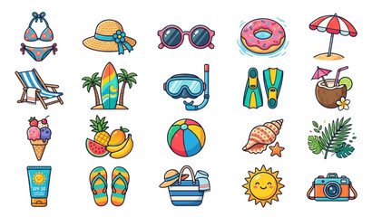 Summer Beach Accessories and Holiday Cartoon Icon Set © Ziten