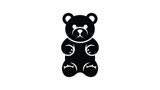Black silhouette illustration of teddy bear or gummy bear figure with rounded ears, small snout and curved limbs isolated on white background minimal vector design symbolizing playfulness