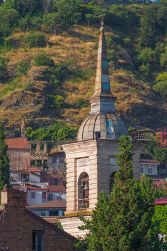 Ancient Sioni cathedral bell tower in old Tbilisi with copy space