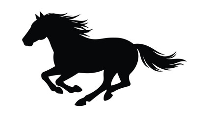 black horse silhouette in mid gallop with flowing mane and tail, dynamic stylized animal vector design capturing speed, motion, grace, equestrian symbol for logos, wildlife, nature themes © Clipzax