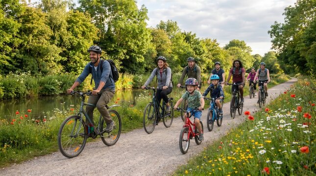 Family cycling along canal path for Summer Bank Holiday
