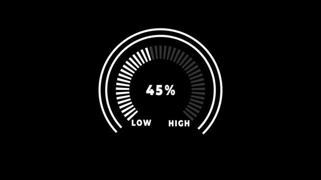 Glowing digital gauges move from high overload to safe low levels, presentation template, needle, indicator, warning message, risk assessment icon from 100 to 0. tension indicator icon.4k motion video