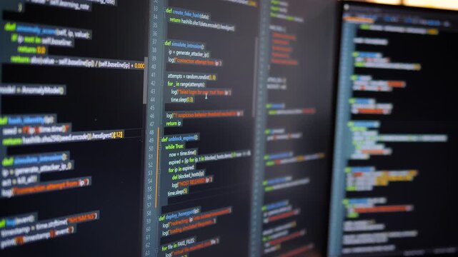 Close up computer monitors displaying fictional programming code and software development interface, technology workspace concept
