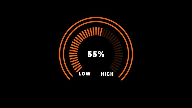 Glowing digital gauges move from high overload to safe low levels, presentation template, moving colorful needle, indicator, warning, risk assessment icon from 0 to 100%. tension indicator icon