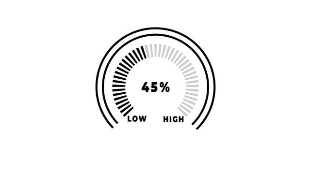 Glowing digital gauges move from high overload to safe low levels, presentation template, needle, indicator, warning message, risk assessment icon from 100 to 0. tension indicator icon.4k motion video