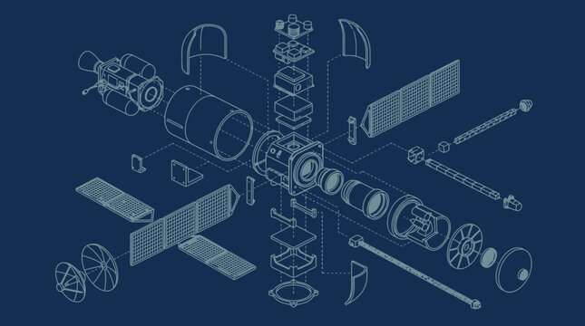 Isometric exploded view blueprint of a satellite showing internal mechanical components. EPS Editable. Vector Illustrations.