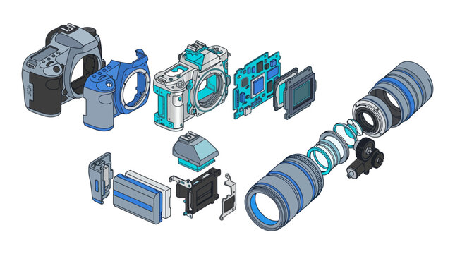 Isometric exploded view diagram of a digital SLR camera and lens assembly. EPS Editable. Vector Illustrations.