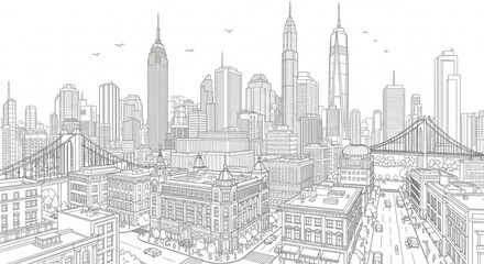 Fototapeta premium City skyline line art. Urban metropolis sketch. Modern town architecture.