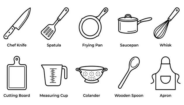 Kitchen Utensils and Tools Set with Knife, Spatula, Frying Pan, Saucepan, Whisk, Cutting Board, Measuring Cup, Colander, Wooden